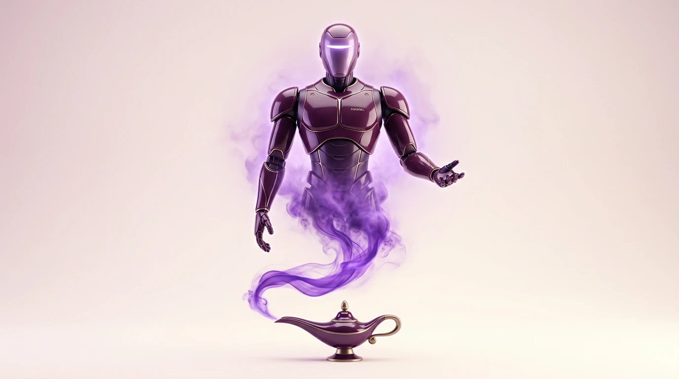 Purple HΛMΛL humanoid emerging from an elegant lamp in luminous purple energy