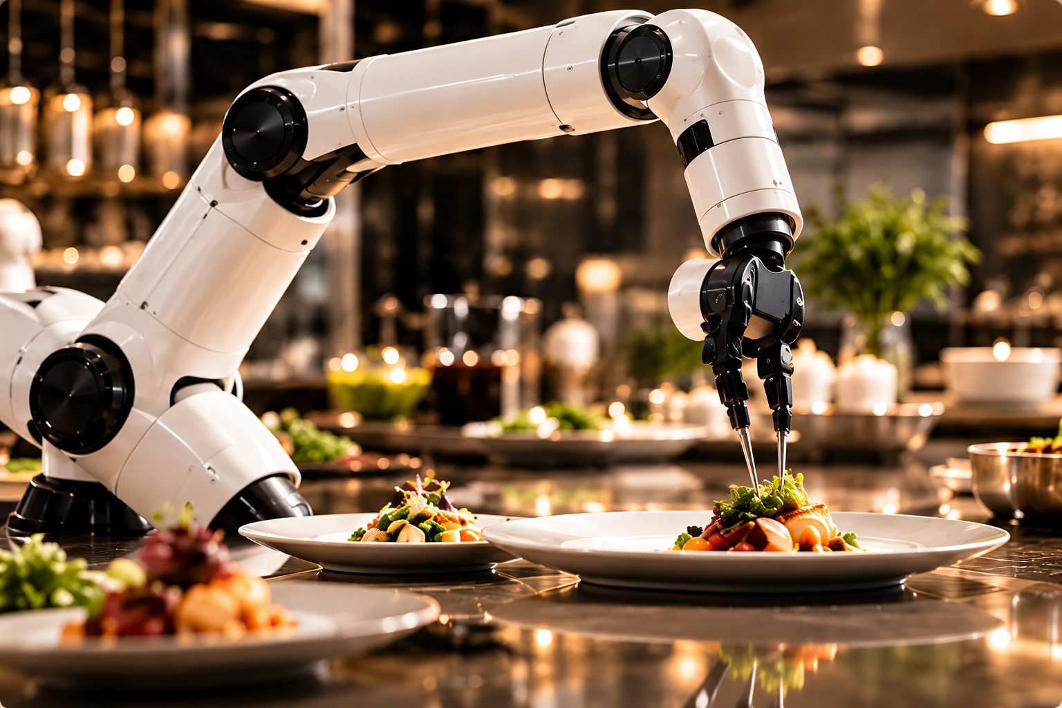 Chef robotic arm plating food in a professional kitchen