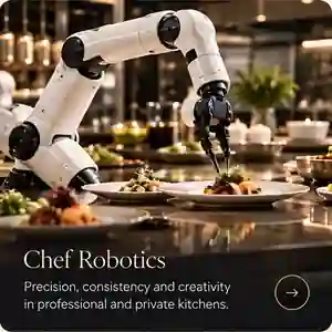 Chef robotic arm plating food in a professional kitchen