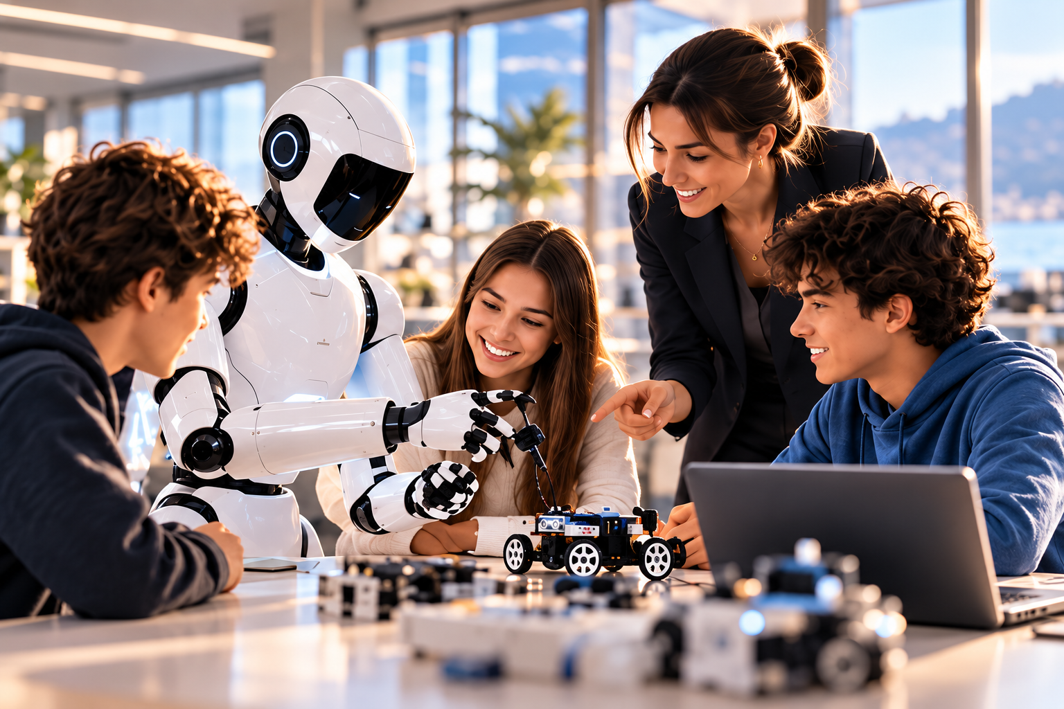 Students interacting with a humanoid robot in an education setting