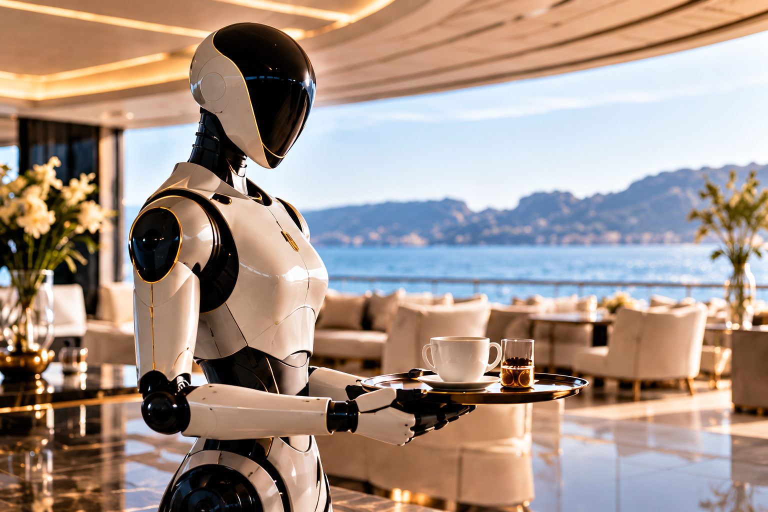 Humanoid service robot carrying a tray in a premium interior