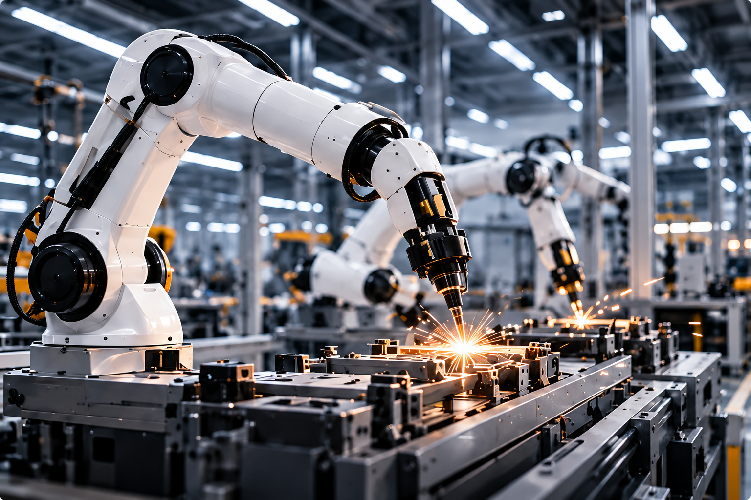 Industrial robotic arms working in a modern production environment