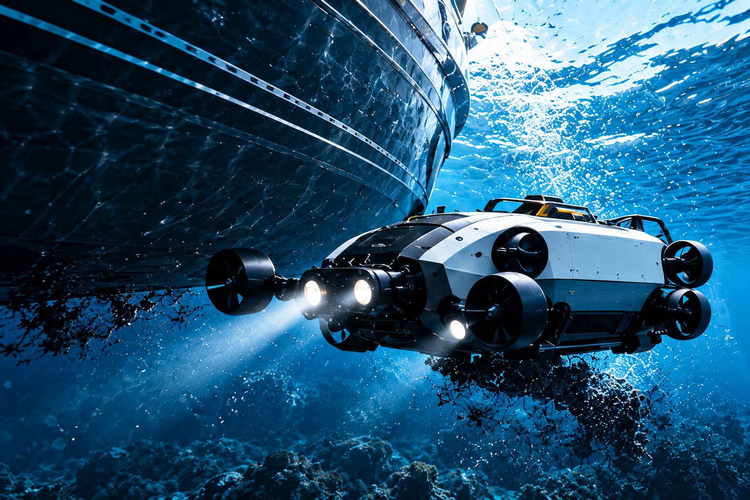 Underwater marine robot inspecting a yacht hull